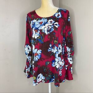 Susan Graver Women Red Floral Knit Top Medium Bell Ruched Sleeve Tunic Blouse